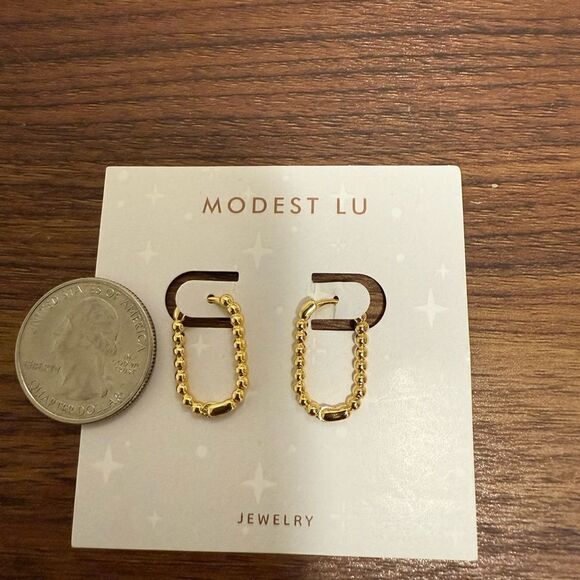 Modest Lu NWT U Shaped Bead Ball Pierced Ear Earrings. 18K Gold Plated. - Picture 3 of 4